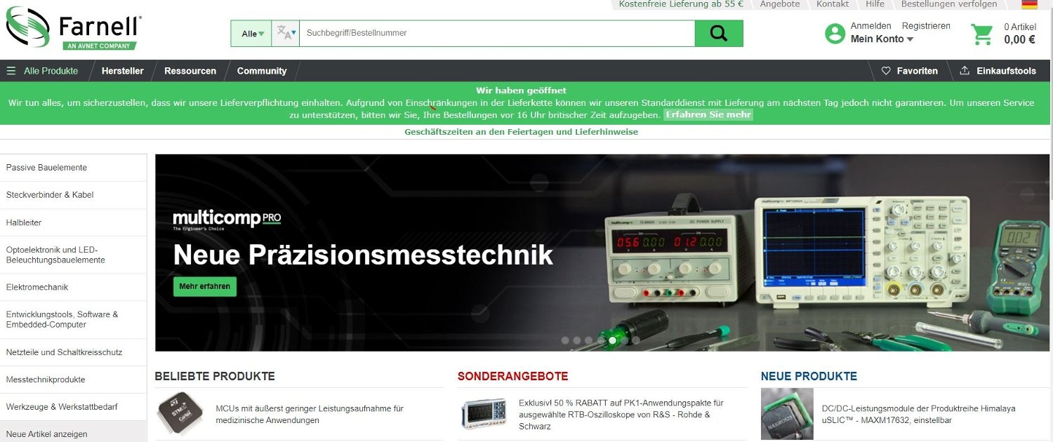 Der Farnell-Shop mit Elektronik-Angeboten und Gutscheinen