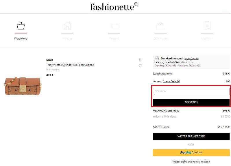 Screenshot aus dem Warenkorb mit Feld für die Eingabe des fashionette Gutscheins