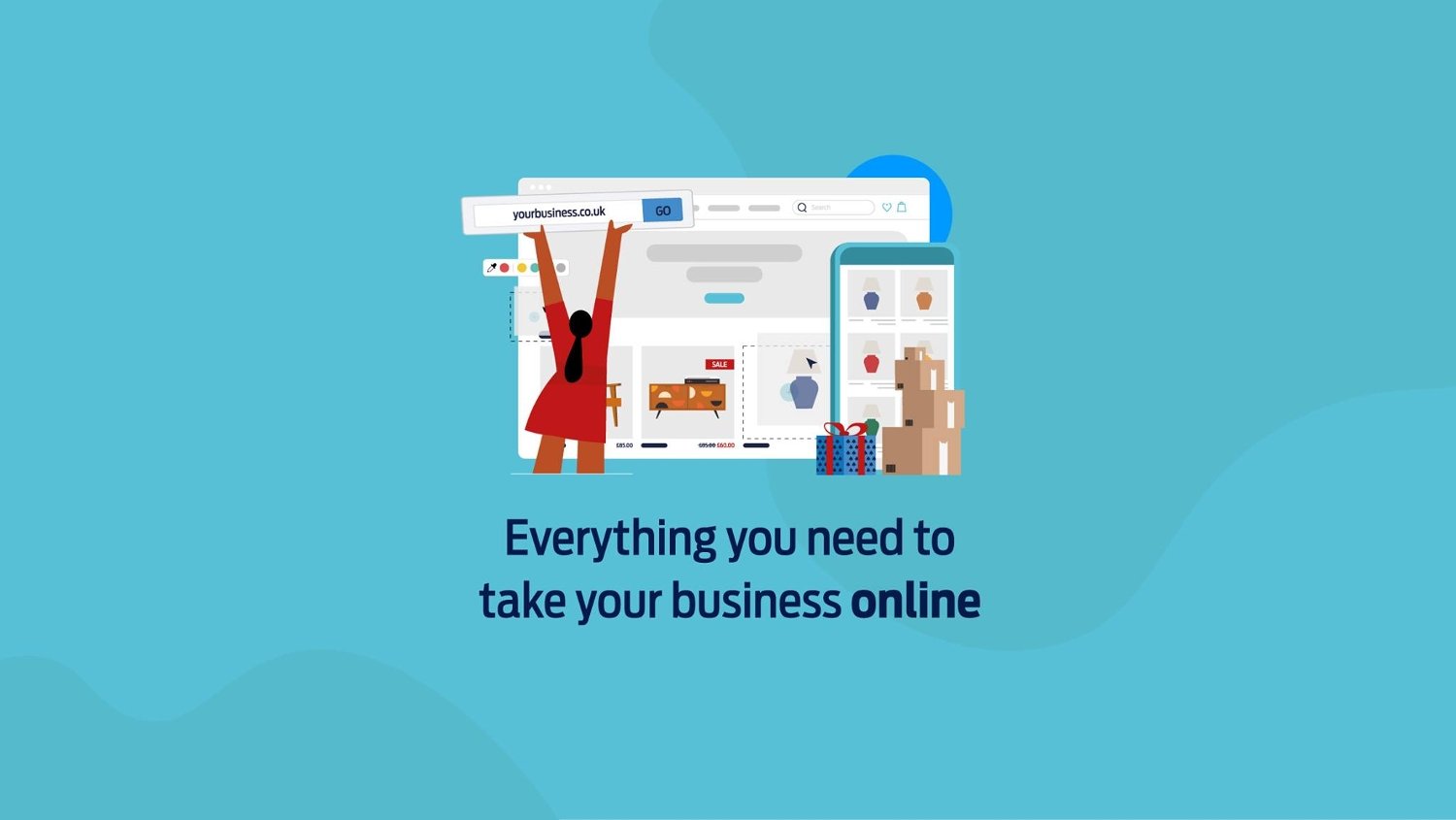 Website builder graphic. Text reads: everything you need to take your business online