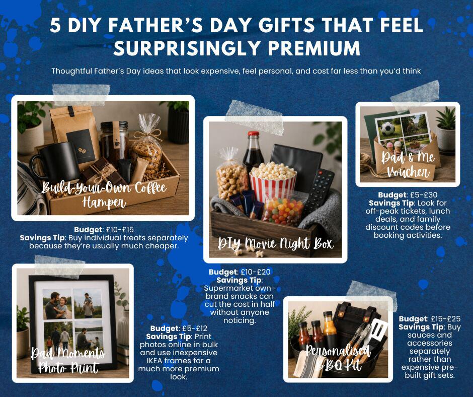 Father's Day gifts that feel surprisingly premium infographic featuring present ideas like a build your own coffee bundle, a personalised bbq kit, and a diy movie box