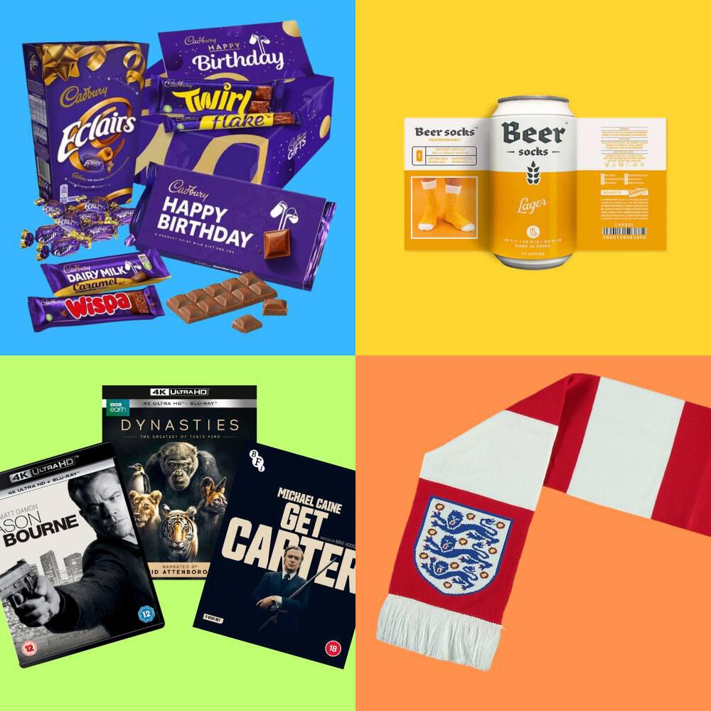 Father's Day gifts under £15 selection, including a Cadbury gift box and an England scarf