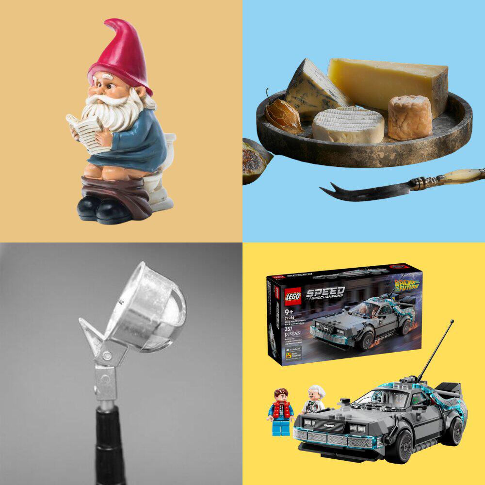 Father's Day gifts under £30 selection, including a fun garden knome and a cheese selection