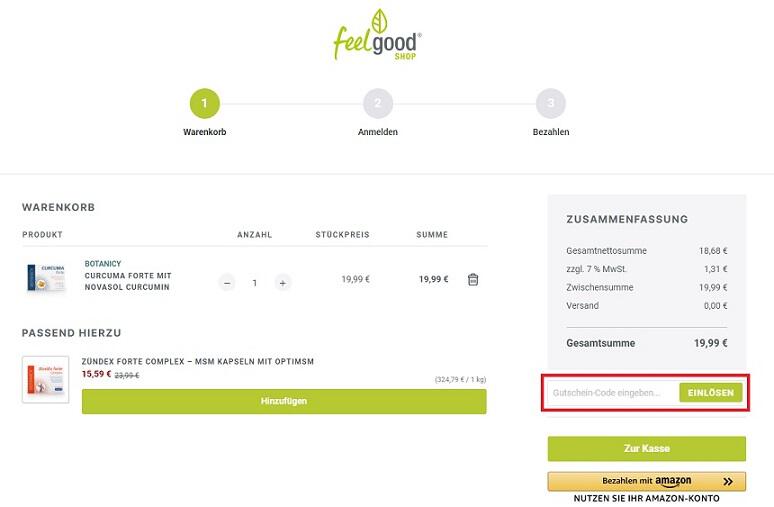 Screenshot aus dem Warenkorb mit dem Hinweis darauf, wo du den FeelGood Shop Gutschein einlösen kannst