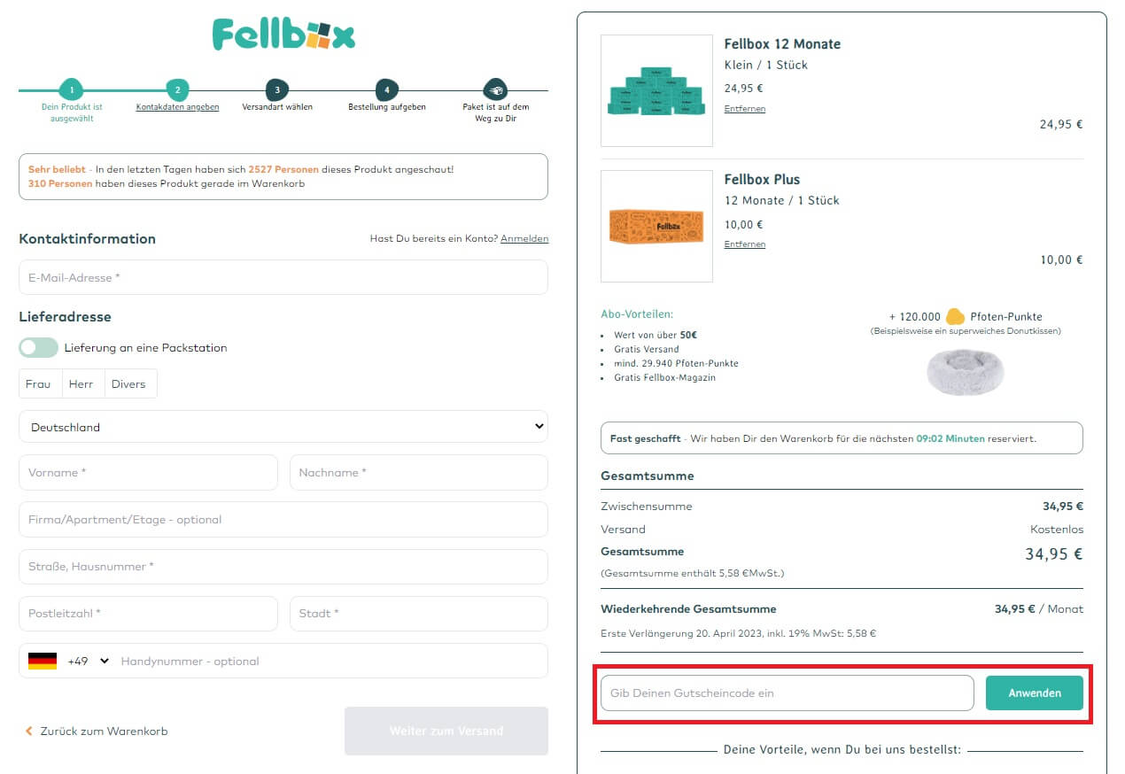 Screenshot aus dem Warenkorb mit Eingabefeld, wo du den Fellbox Gutschein anwenden kannst