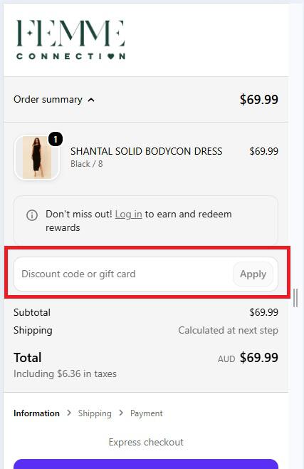 screenshot of Femme Connection discount code box at checkout