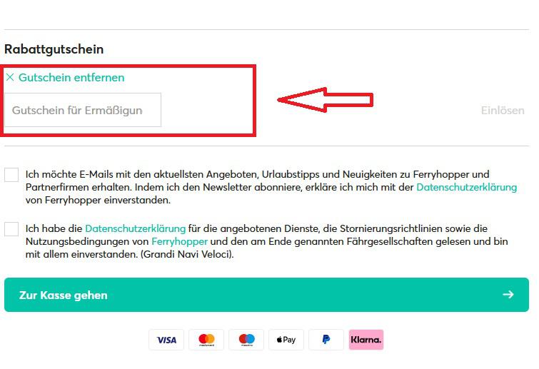 Screenshot von der Bestellübersicht, um einen Ferryhopper Gutschein einzulösen