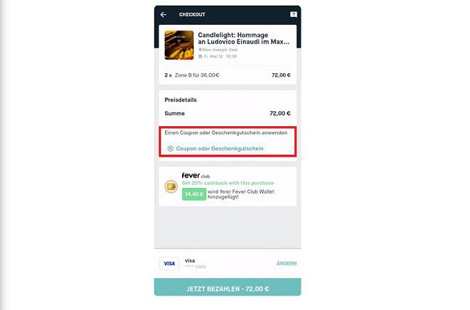 img: fever-gutschein-einloesen / alt: Screenshot aus der Fever App mit Hinweis darauf, wo du den Fever Gutschein einlösen kannst.