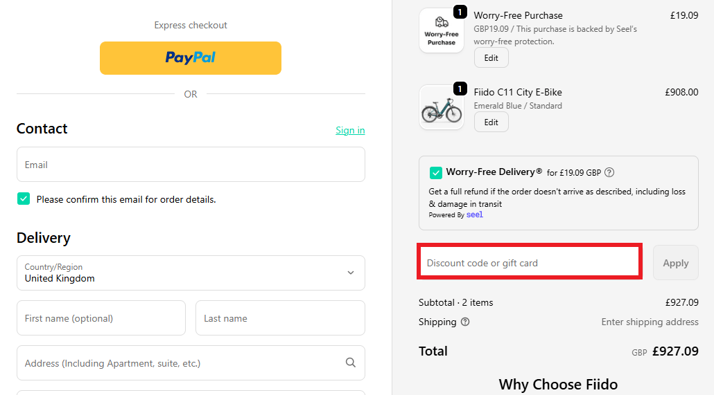 Fiido discount code redemption box in shopping cart