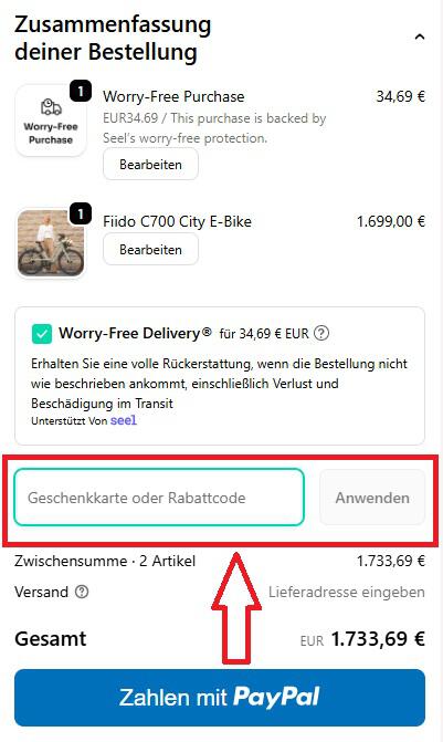 Screenshot vom Eingabefeld mit Hinweis darauf, wo du den Fiido Rabattcode einlösen kannst