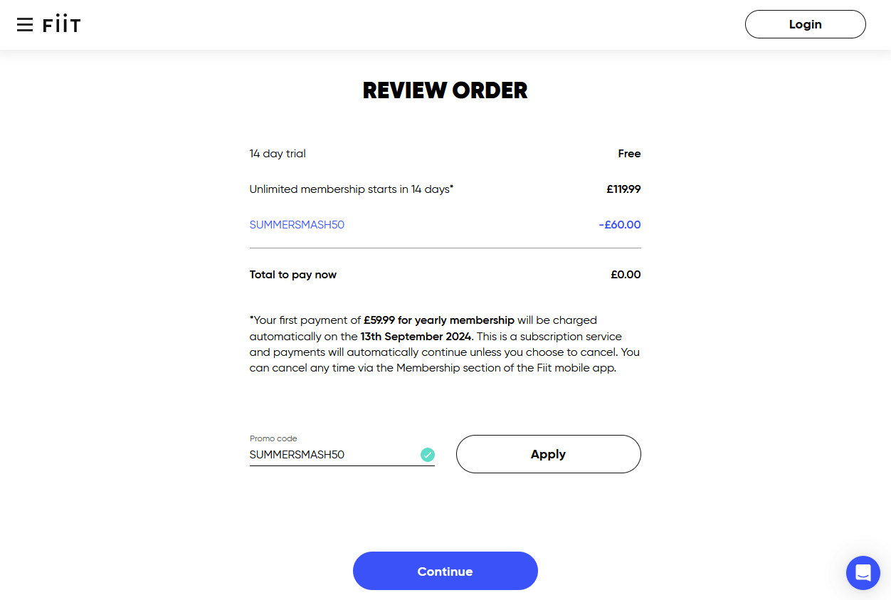 Screenshot of the Fiit promo code box at checkout on the Fiit website