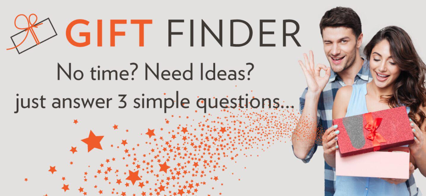 Find Me a Gift finder tool - Image shows a woman opening a gift, with a man satisfied with his purchase behind. Text reads: No time, need ideas? Just answer 3 simple questions