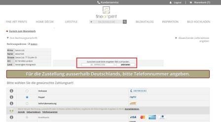 Bezahlvorgang mit Feld zum Einfügen des Fineartprint Gutscheins