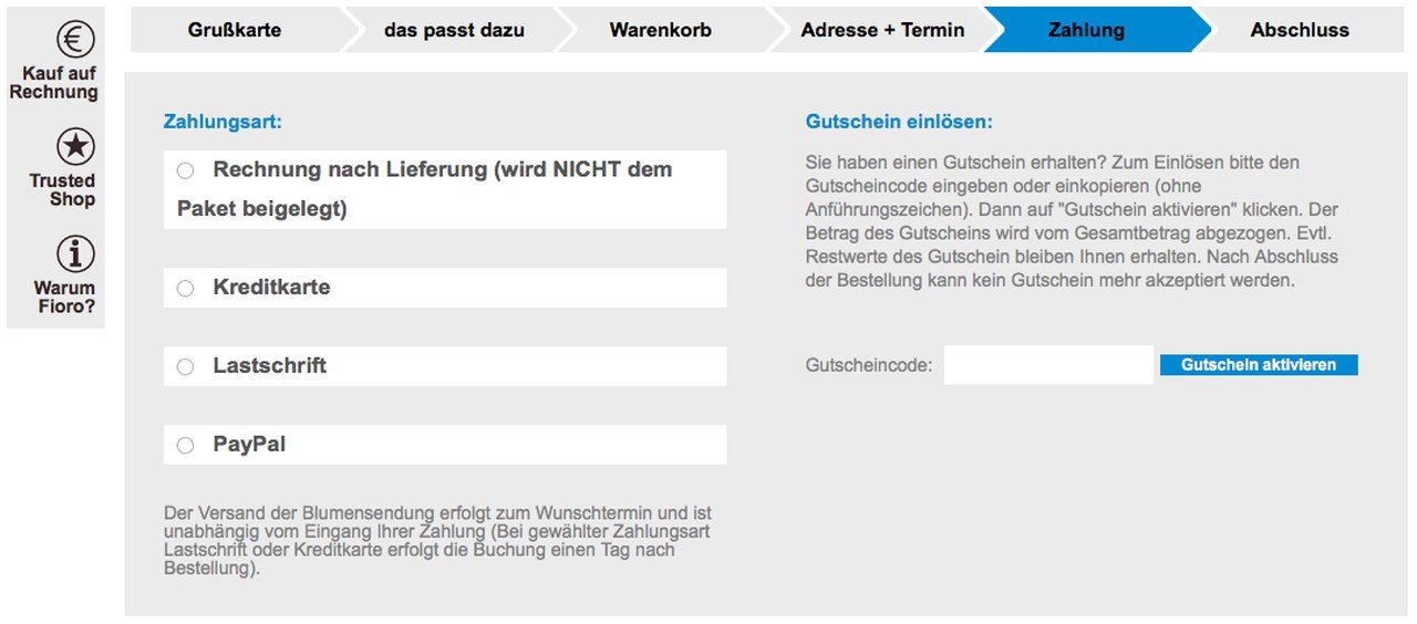 Screenshot des Gutscheinfeldes zum Einfügen des Fioro-Gutscheincodes