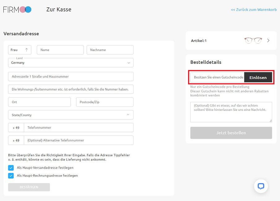 Screenshot aus dem Warenkorb mit Eingabefeld, wo du den Firmoo Gutschein einlösen kannst