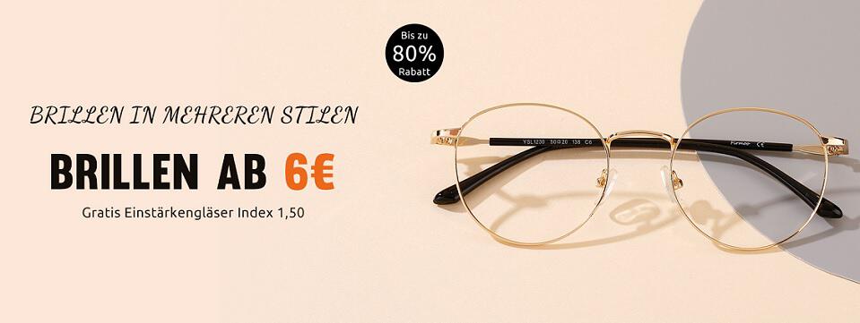 Brille mit rundem goldfarbenem Rahmen und Hinweis auf Brillen ab 6 €