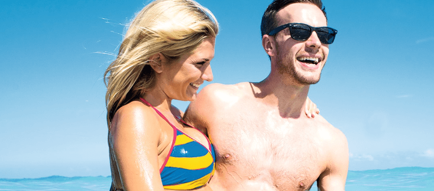 First Choice how to save banner featuring a man and woman hugging in a pool: width: 888px, height: 392px