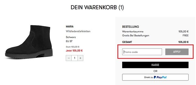 Eingabefeld für den FitFlop Gutschein im Warenkorb