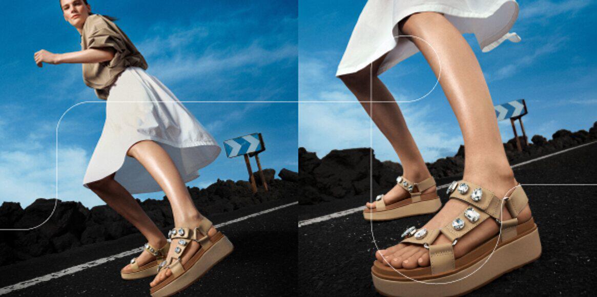 Fitflop offers page banner - 2 images showing a woman wearing GEN-FF Max Ultra-Jewel Leather Back-Strap Sandals