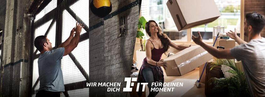 Banner für die Fitness-First-Gutscheinseite – Foto links: Balltraining; Foto rechts: zwei Menschen werfen sich einen Umzugskarton zu; Slogan "Wir machen dich fit für deinen Moment"