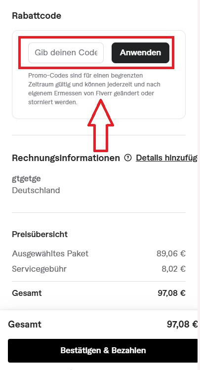 Screenshot vom Eingabefeld mit Hinweis darauf, wo du den Fiverr Gutschein einlösen kannst