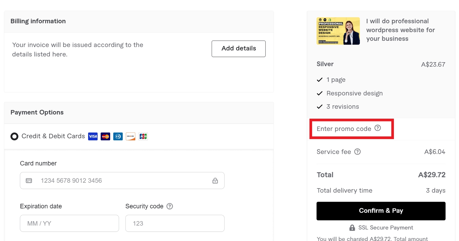 Fiverr voucher code redemption box during checkout