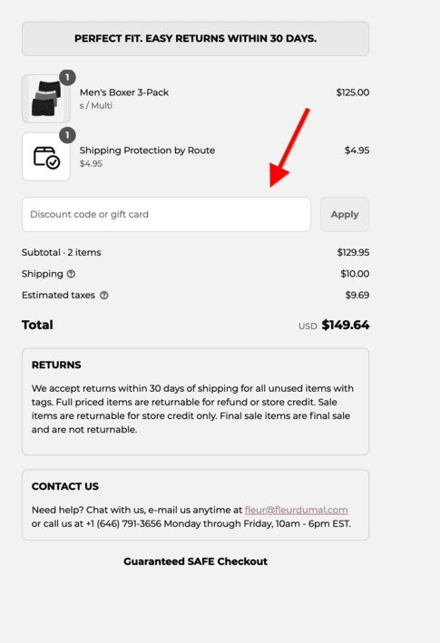 Fleur du Mal coupon box at checkout