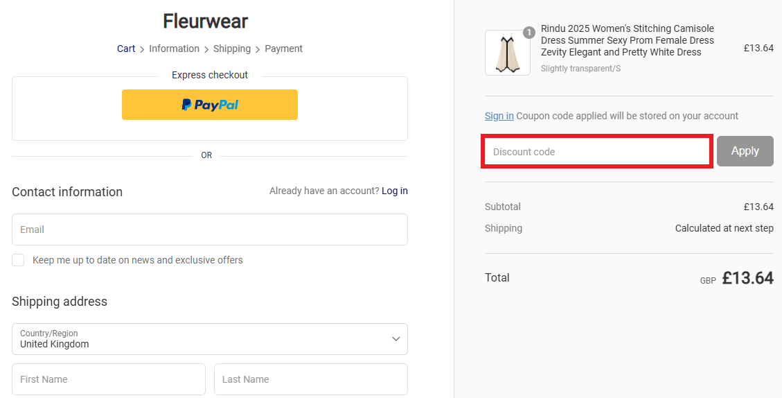 Fleurwear discount code box in shopping basket