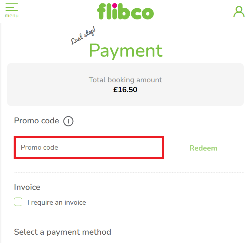 Flibco discount code redemption box image