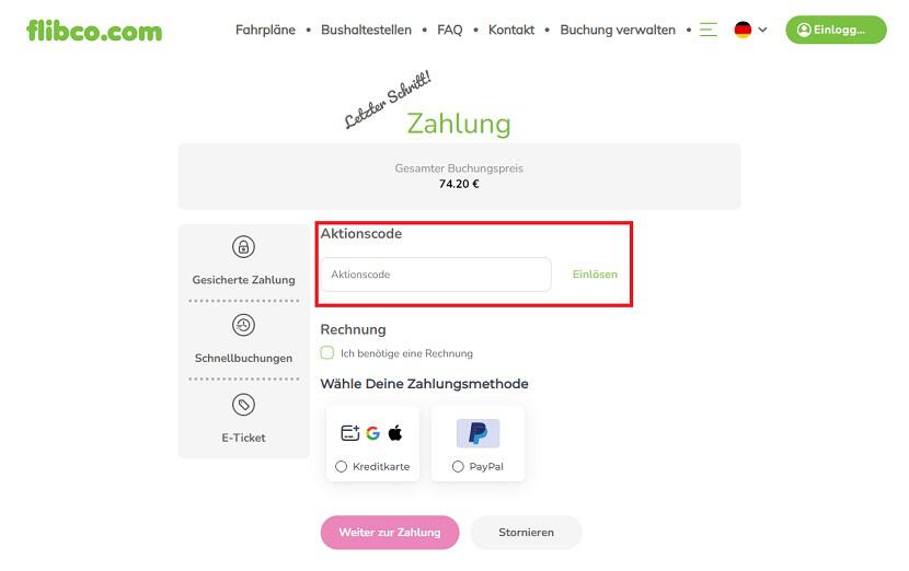 Screenshot aus dem Warenkorb mit Eingabefeld, wo man den Flibco Gutschein einlösen kann