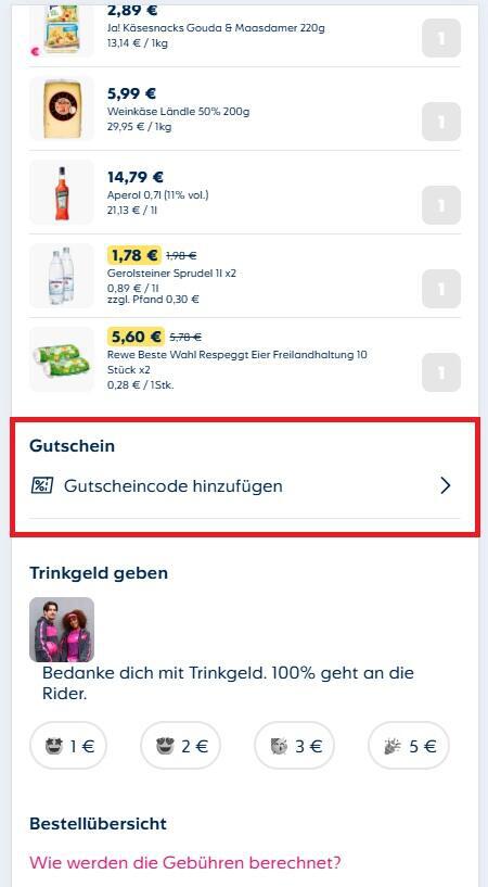 Screenshot der Online-Kasse mit Eingabefeld für einen Flink Gutschein