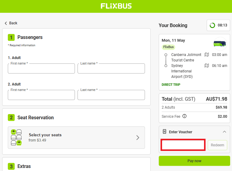 FlixBus voucher redemption box during booking process