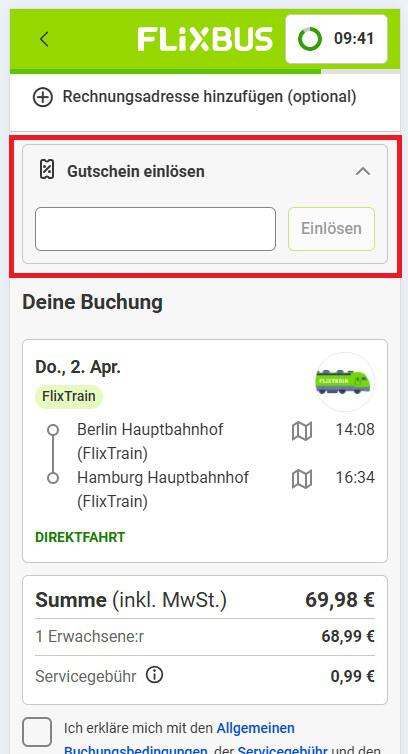 Eingabefeld für einen FlixTrain Gutschein