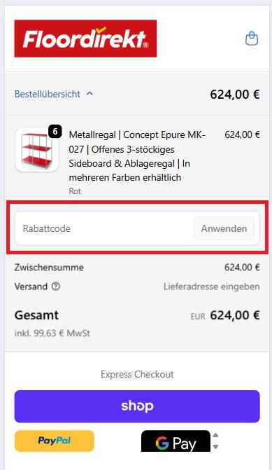Eingabefeld für einen Floordirekt Rabattcode beim Checkout