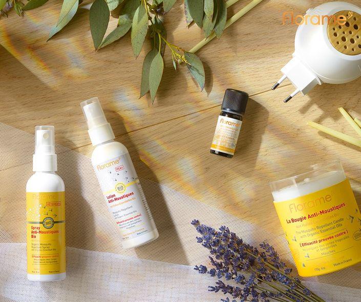 Essortiment de produits cosmétiques et huiles essentielles Florame
