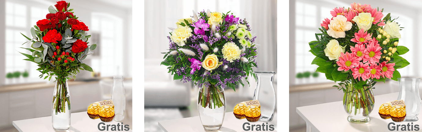 Bunte Blumensträuße bei FloraPrima im Online-Shop mit Gratis Schokolade dazu bestellen