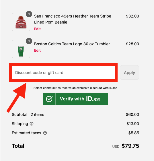 FOCO discount code box at checkout