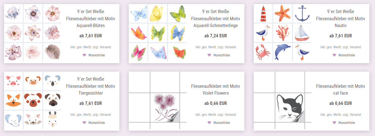 Übersicht einiger FoLIESEN Fliesenaufkleber mit bunten Motiven