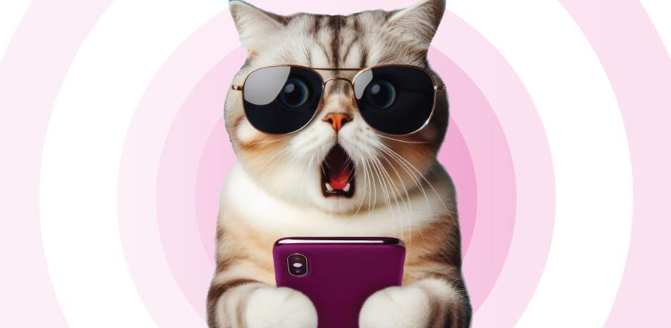 Fonehouse deals page banner showing a funny cat looking surprised while holding a smartphone