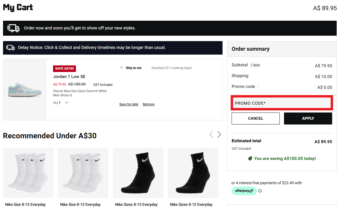 Foot Locker discount code box in shopping cart picture