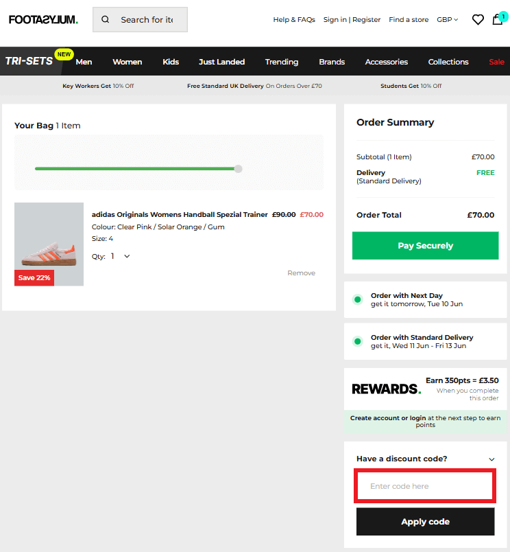 footasylum discount code redemption box - checkout
