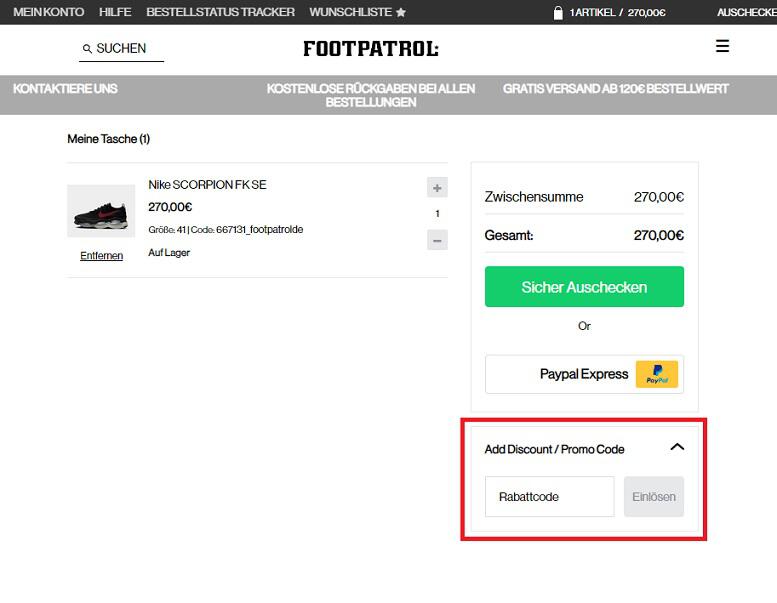 Screenshot aus dem Warenkorb markiertem Eingabefeld, in dem du einen Footpatrol Gutschein einlösen kannst