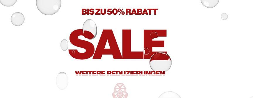 Hinweis auf den Footpatrol Sale mit bis zu 50 % Rabatt in roter Schrift mit Logo und Seifenblasen