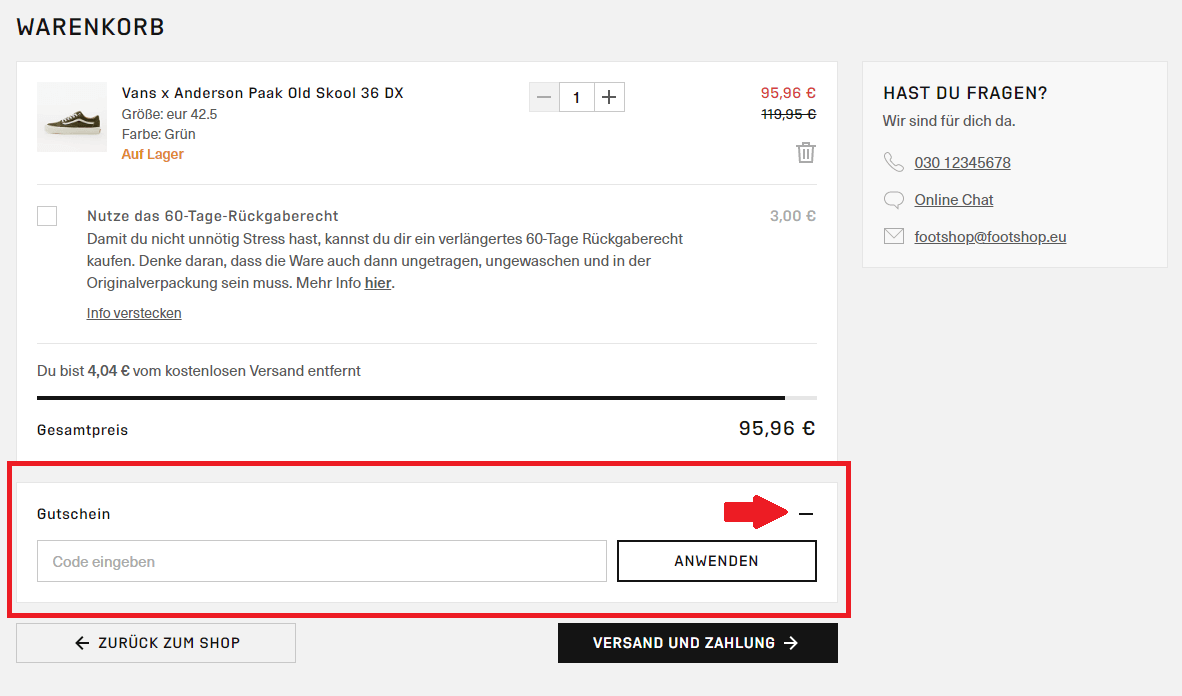 Screenshot des Warenkorbs mit Gutscheinfeld für den Footshop-Rabattcode