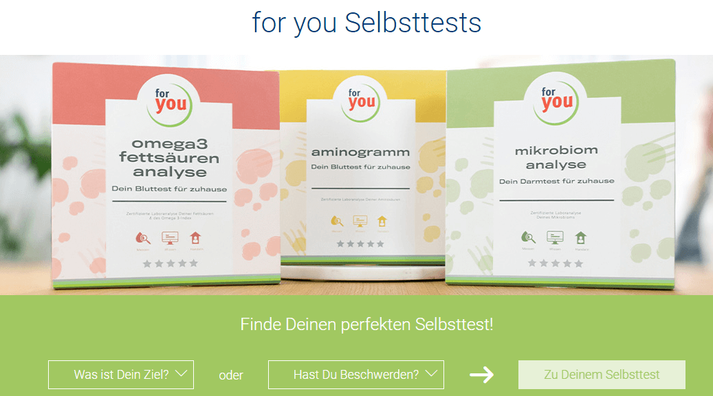 for-you-Selbsttests für ein Aminogramm, eine Omega 3 Fettsäureanalye und Mikrobiomanalyse