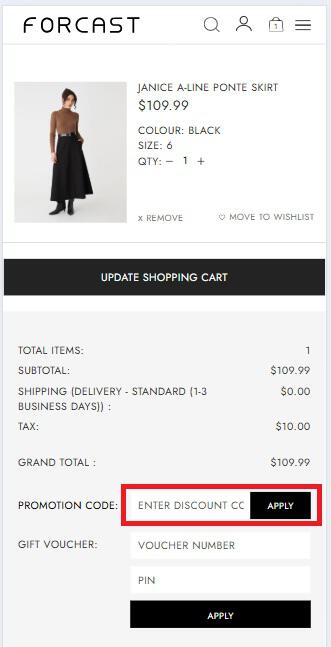Forcast discount code box in shopping bag view