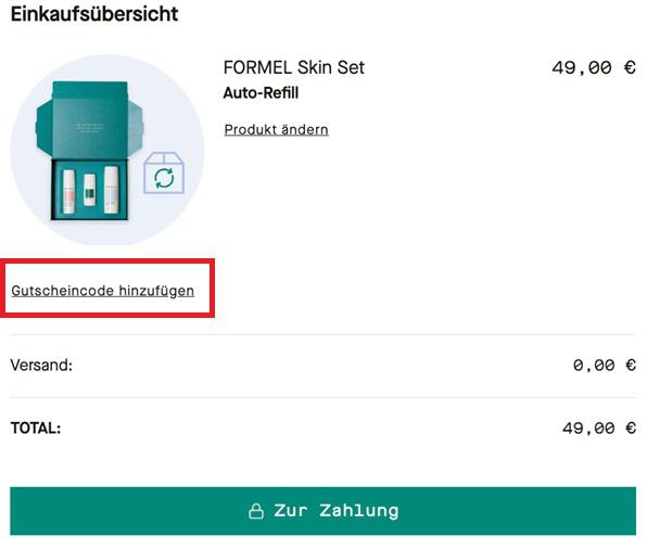 Einen FORMEL SKIN Gutscheincode bei der Abo-Bestellung eingeben