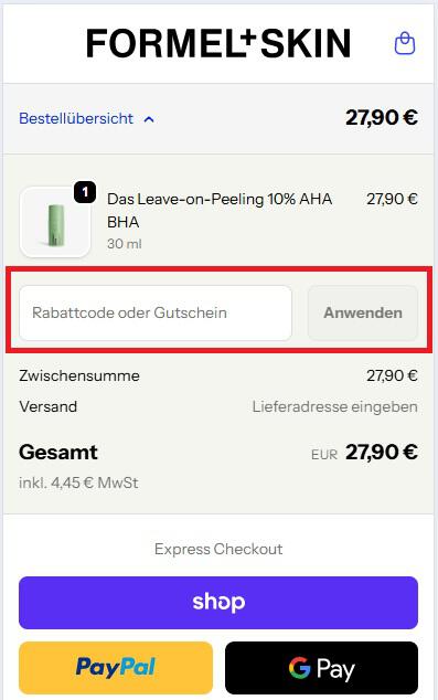 Eingabefeld für einen FORMEL SKIN Rabattcode im Shop