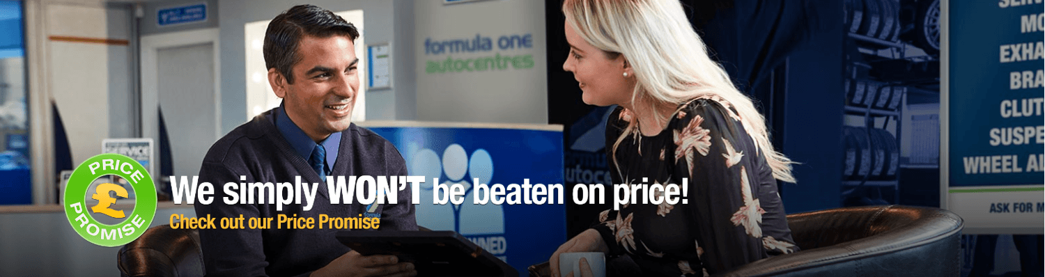 Formula One Autocentres price promise banner. Text reads: We simply won&apos;t be beaten on price