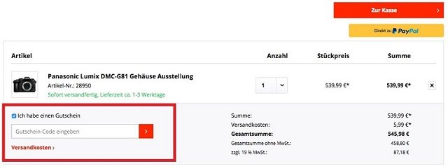Warenkorbansicht mit Eingabefeld für Foto-Mundus-Gutscheine