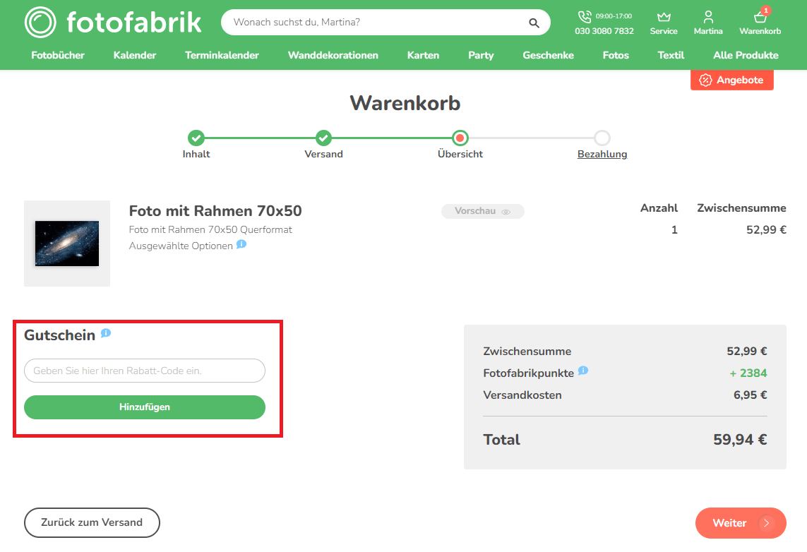 Screenshot vom Eingabefeld, in dem du einen Fotofabrik-Gutschein hinzufügen kannst